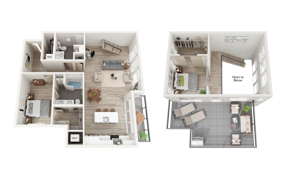 A-Penthouse - 2 bedroom floorplan layout with 2 bathrooms and 1206 square feet (3D)