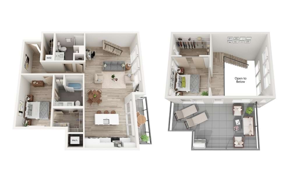 A-Penthouse - 2 bedroom floorplan layout with 2 baths and 1206 square feet. (3D)