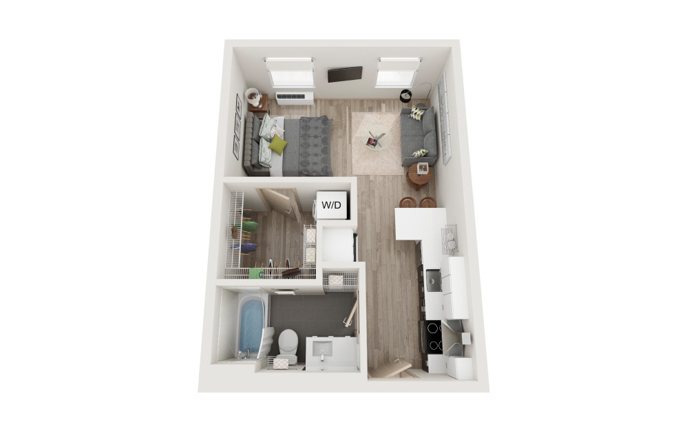 C - Studio floorplan layout with 1 bathroom and 438 square feet (3D)