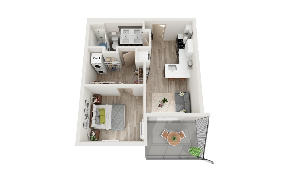 E - 1 bedroom floorplan layout with 1 bathroom and 490 square feet (3D)