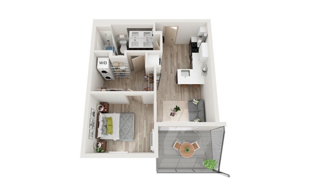 E - 1 bedroom floorplan layout with 1 bath and 490 square feet. (3D)