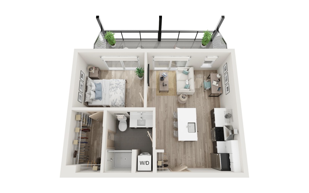 F - 1 bedroom floorplan layout with 1 bathroom and 520 square feet (3D)