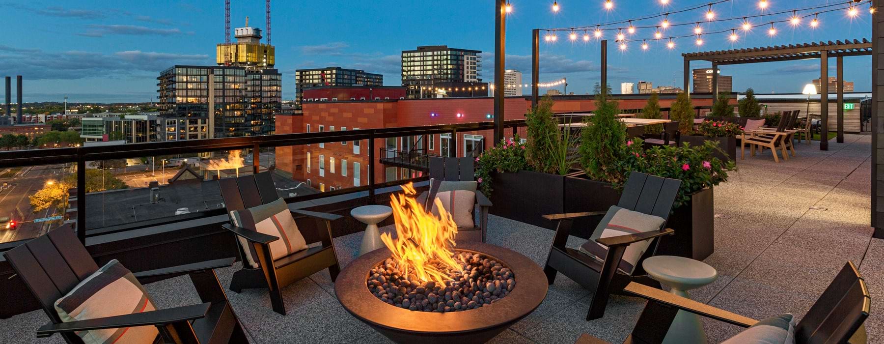 Rooftop firepit and skyline view