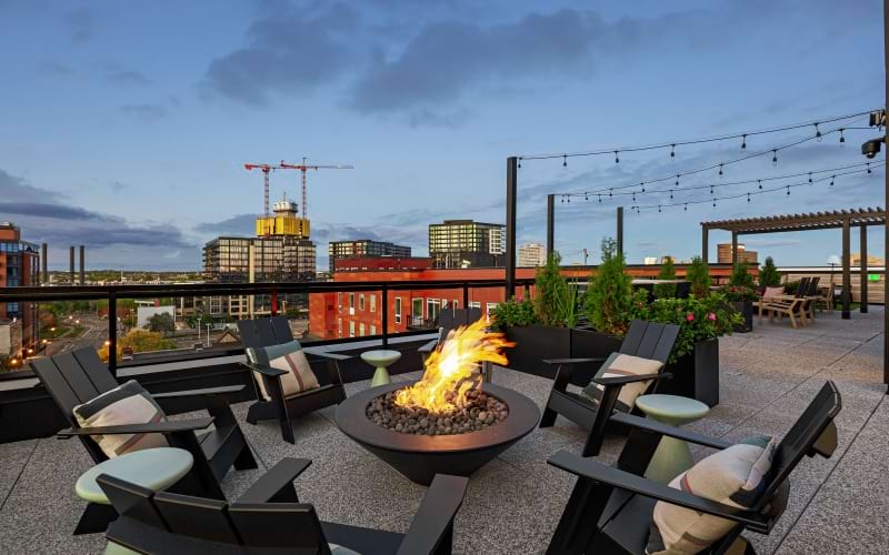 Rooftop fire pit with skyline view