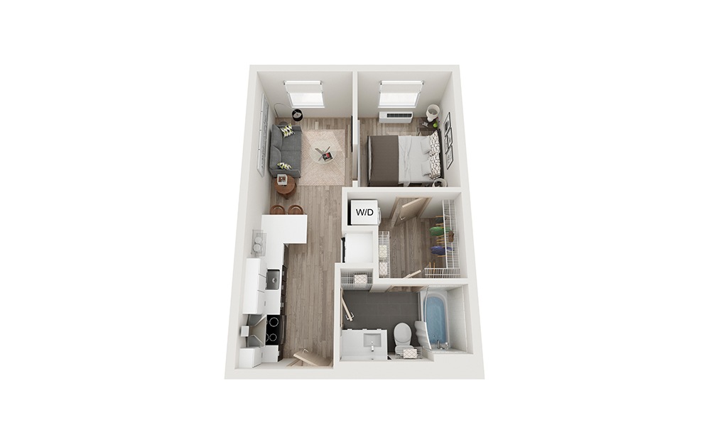 D - 1 bedroom floorplan layout with 1 bathroom and 439 square feet (3D)